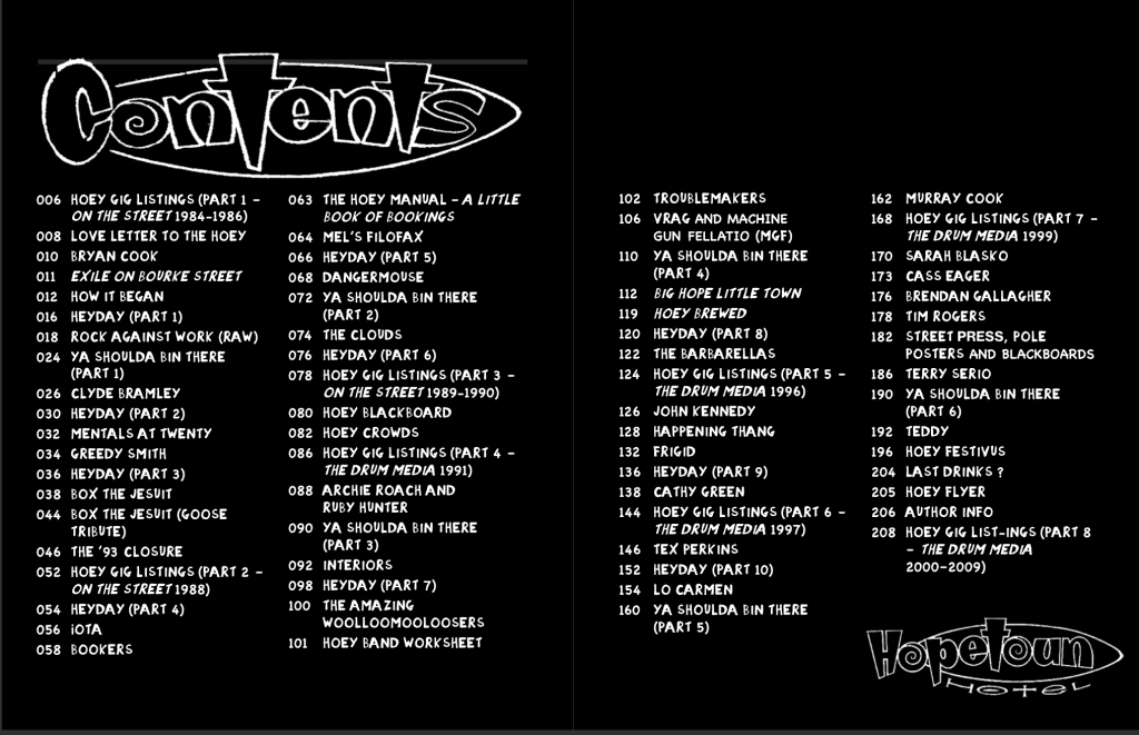 Contents page from Spirits Of The Hoey book